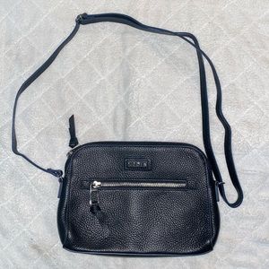 Lodis “Charlotte” Leather Crossbody Purse - Black w/ Navy Blue Trim.